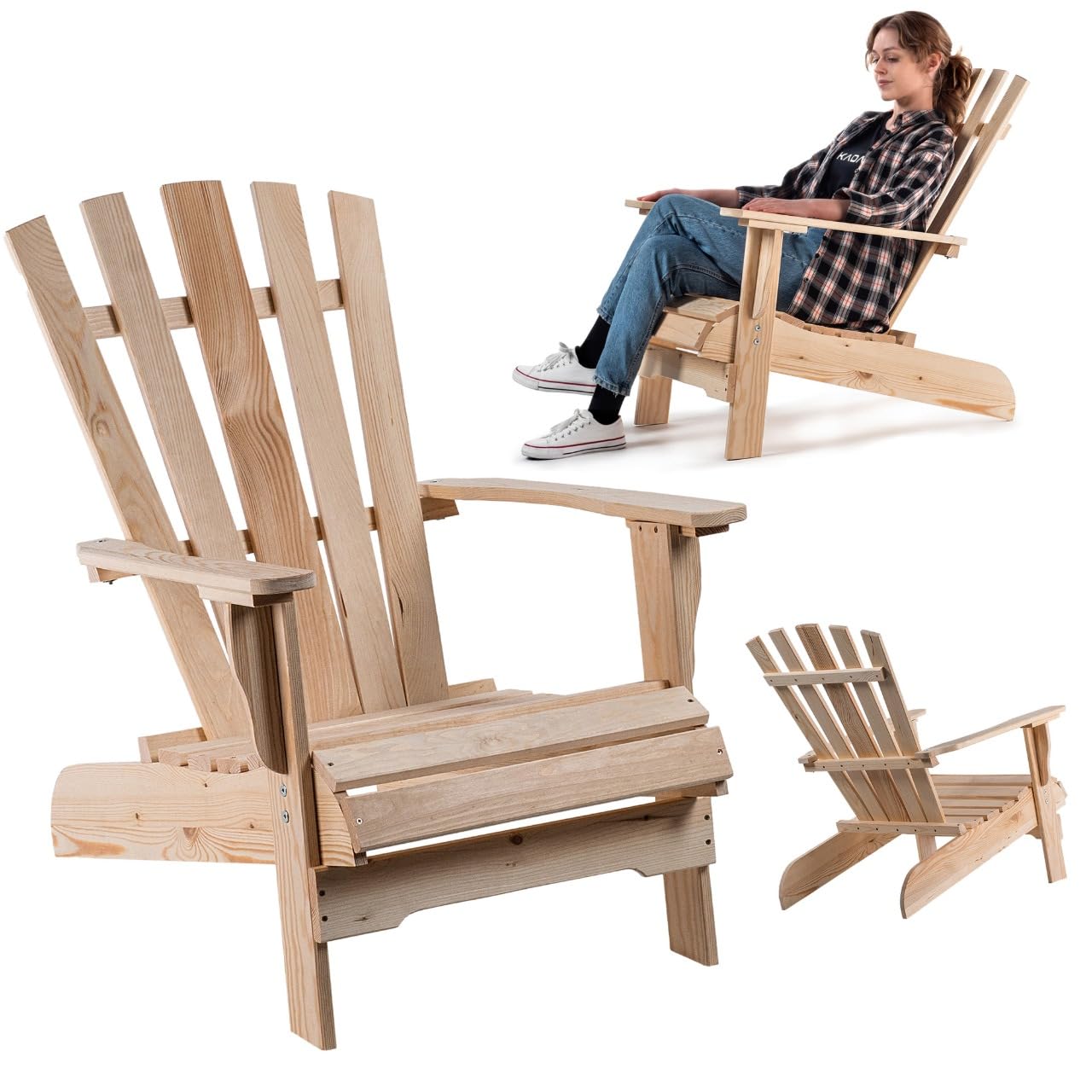 KADAX Silla de Jardín Adirondack de Madera, con Respaldo Alto y Reposabrazos, Silla de Relajación, para Exterior (Madera Natural)