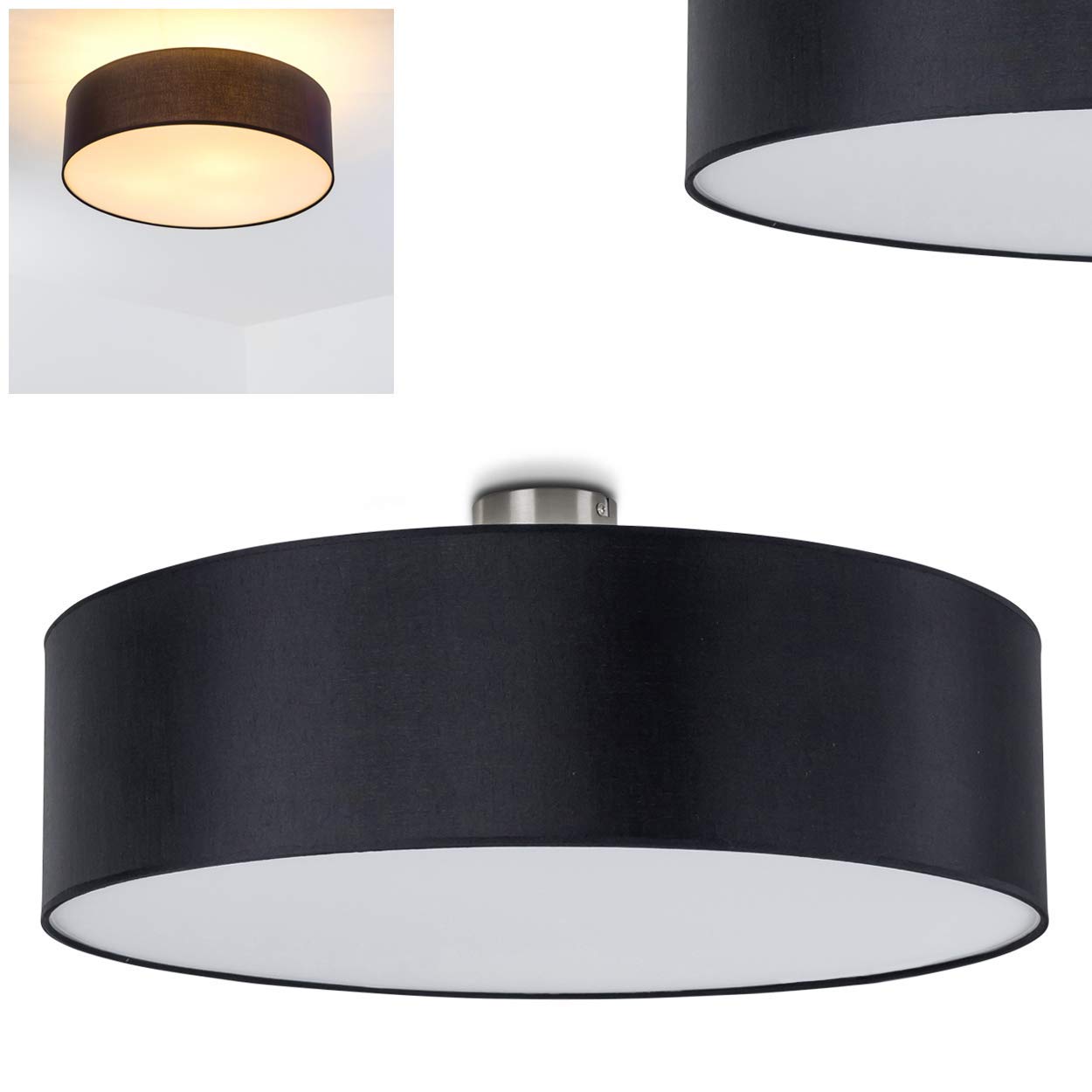 Foggia Ceiling Light, Round Ceiling lamp with Fabric lampshade in Black/White, Ø 60 cm, 3 x E27 Socket, Retro Design, Without Bulbs