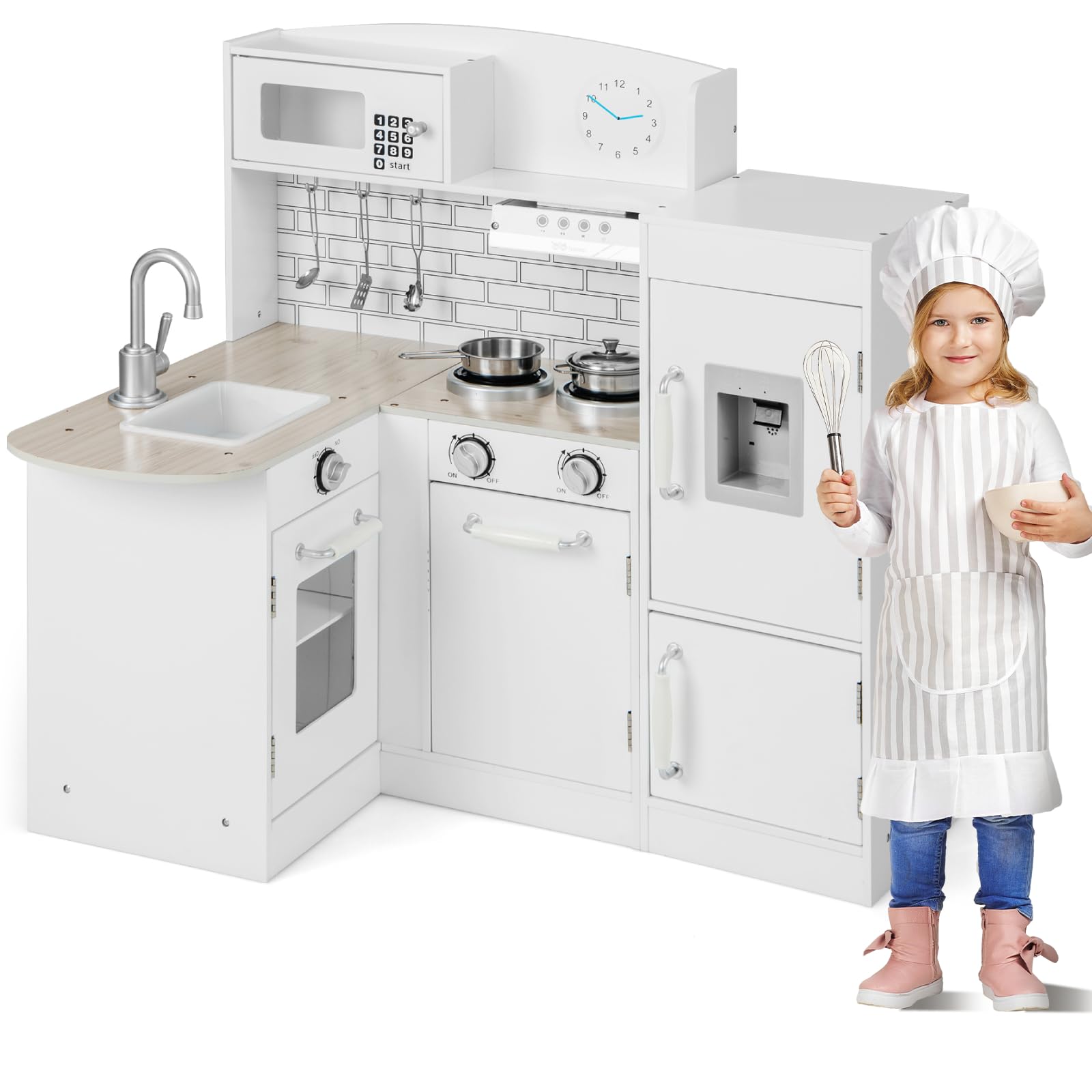 GYMAX Kids Corner Kitchen, Wooden Toy with Sink, Stove, Microwave, Oven, Range Hood, Refrigerator, Water Dispenser Cookware Accessories, Children Role Play for Girls Boys (8 in 1), White, (GY1007)