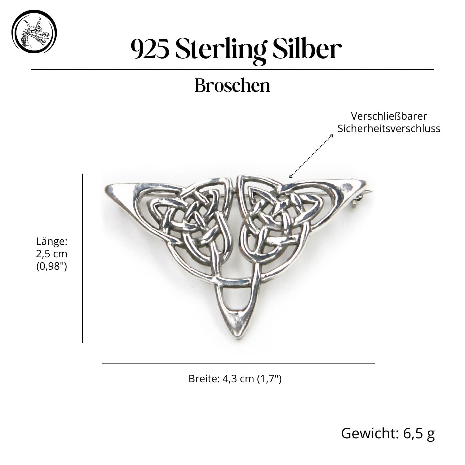 Keltische Brosche auffällige Fibel Gewandnadel 925 Sterlingsilber Keltisches Dreieck Unendlichkeitssymbol Mittelalter Wikinger Gothic LARP Silberschmuck Damen Herren