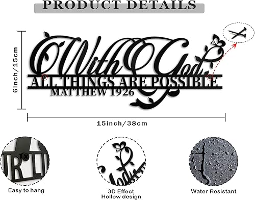 Miniatura 3 de Creoate Decoración de pared de arte de metal, con texto en inglés "With God All Things Are Possible", escritura religiosa, esculturas de pared de