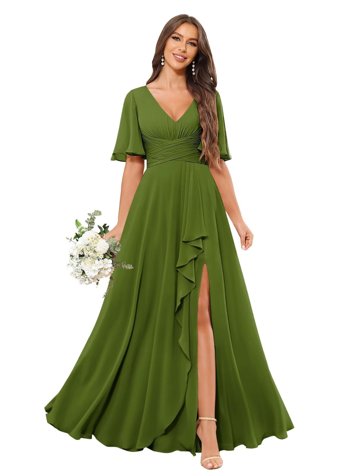 Thinksea Bridesmaid Dresses for Women Short Sleeves V-Neck Chiffon Long Wedding Guest Dress with Slit Pockets