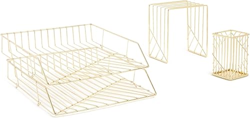 U Brands Kit de organización de escritorio de metal, colección Vena, taza, clasificación y 2 bandejas incluidas, dorado (3940U00-01)
