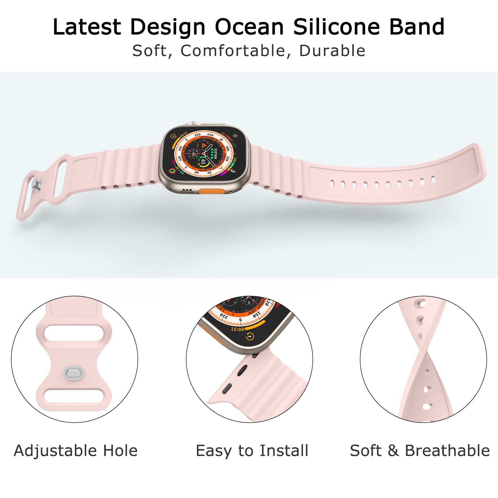 Silicone Ocean Bands Compatible with Apple Watch Band Ultra 49mm 45mm 44mm 42mm for Women Men, Soft Breathable Sport Ocean Loop Wristband Replacement Strap Compatible for Apple Watch Ultra 2/Ultra