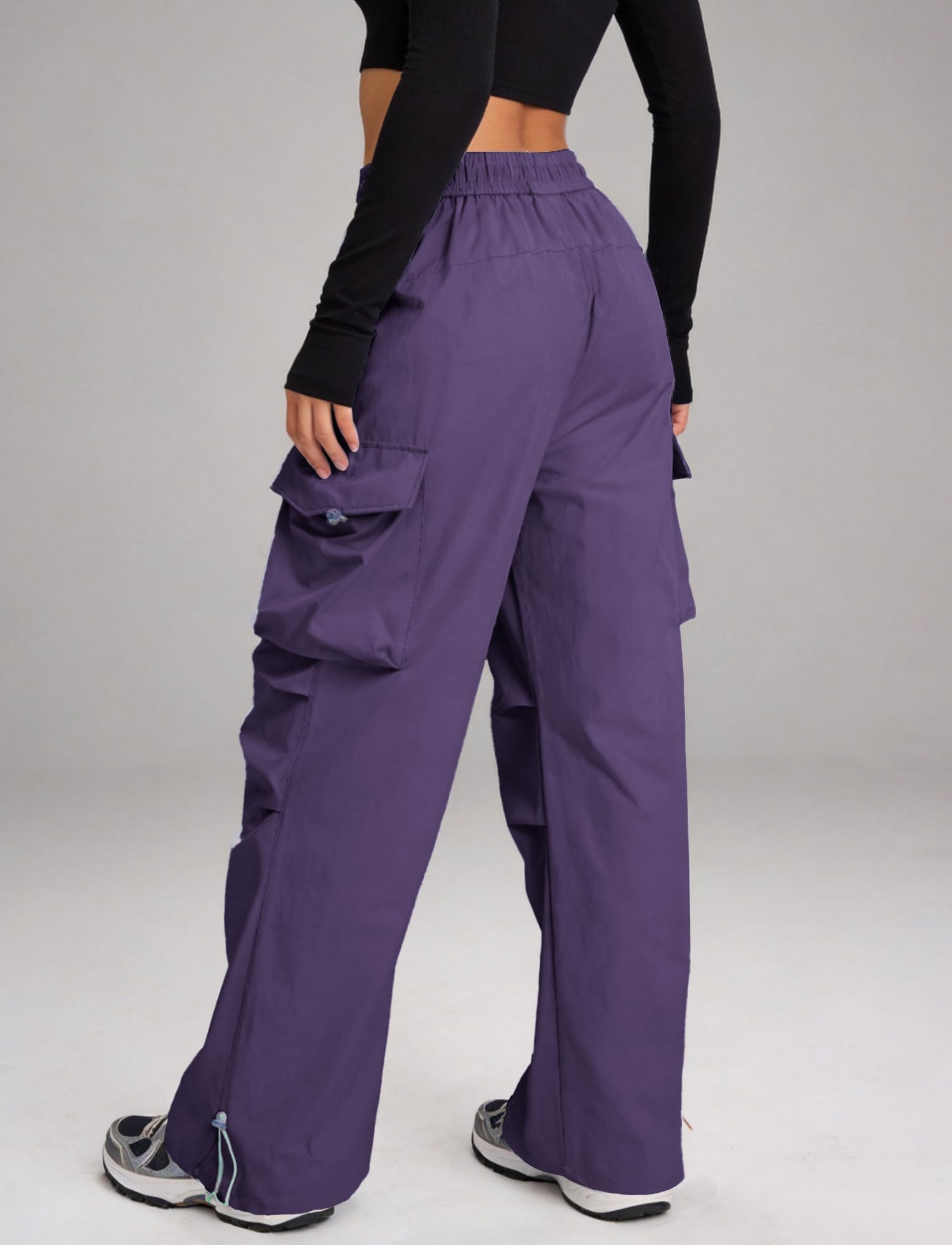 FEOYA Damskie spodnie trekkingowe, wodoodporne, szybkoschnące, spodnie outdoorowe, szerokie nogawki, spodnie cargo, Baggy Parachute Pants High Waist
