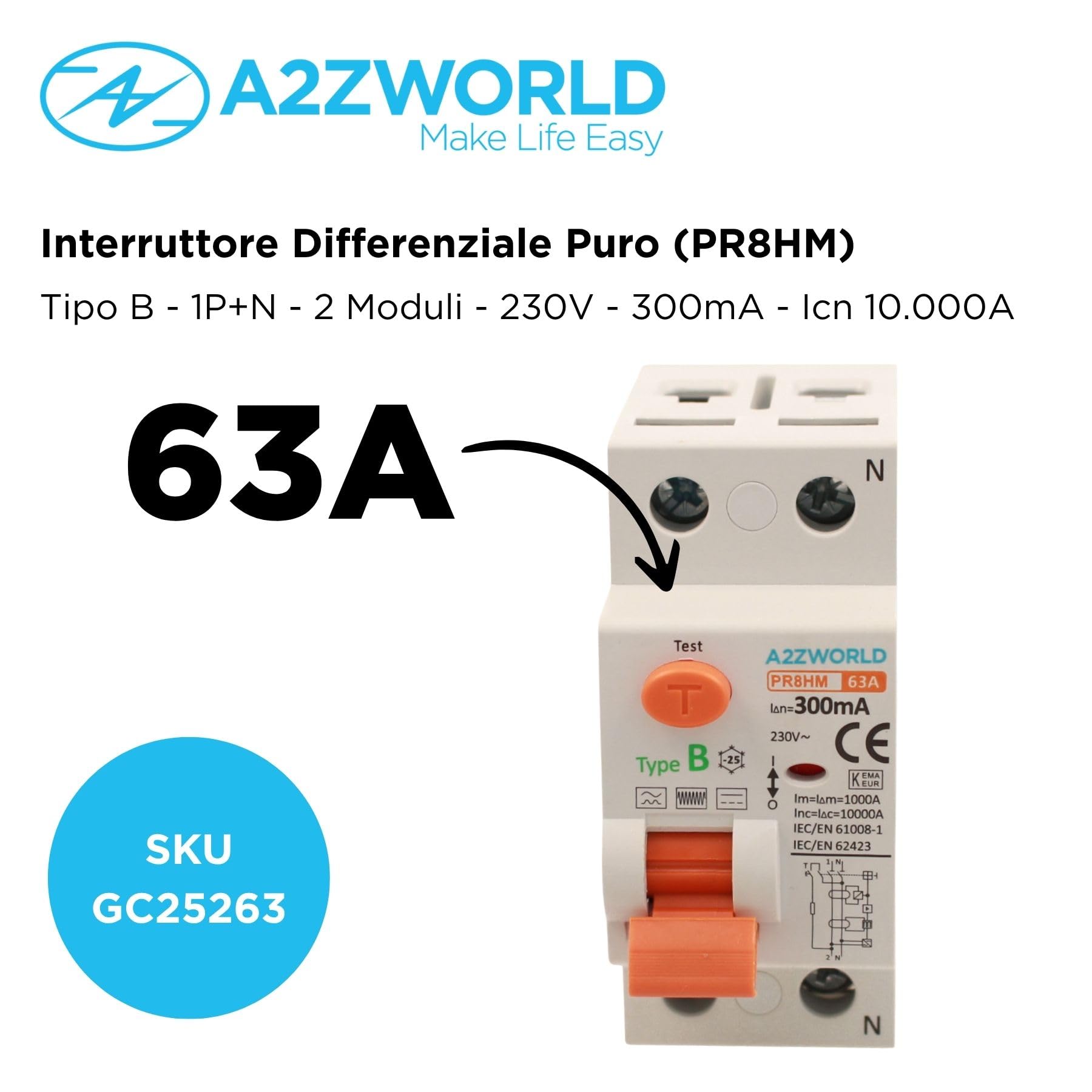Interruptor diferencial puro tipo B 300 mA, salvavidas tipo B 63A, RCCB 1P+N 10kA 220V, 2 módulos DIN, serie PR8HM electromagnética, certificado IEC61008-1