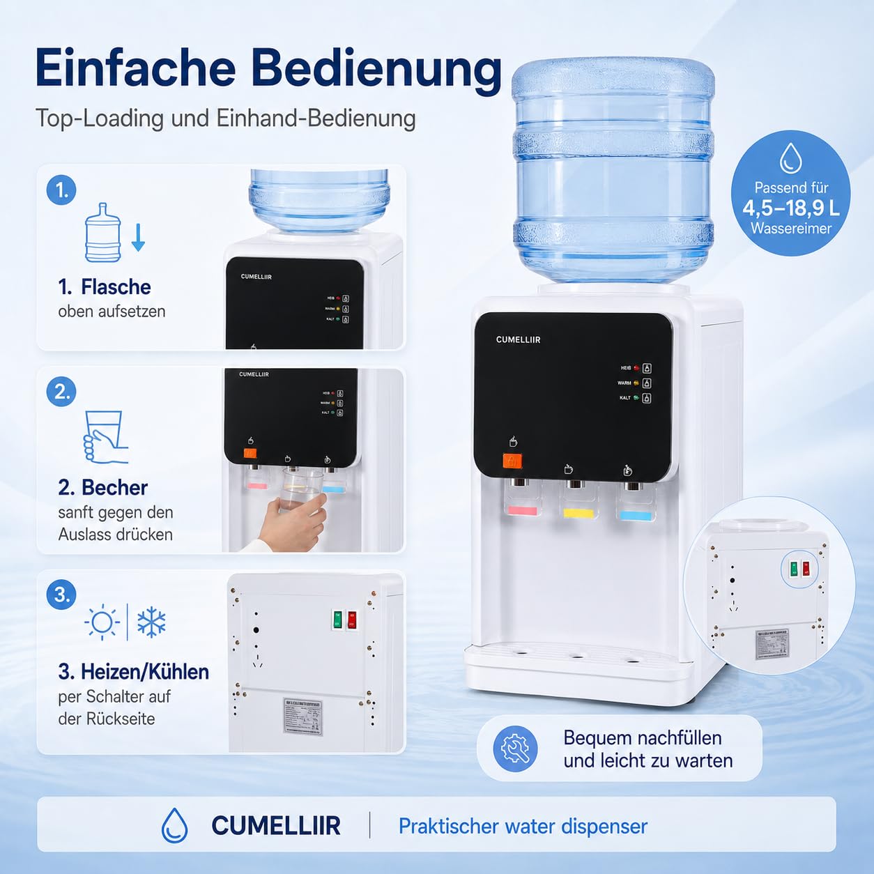 Elektrischer Wasserspender Mit Kühlung, Wasser Spender Automat 500W+75W, 15℃ Kühlung, 90℃ Heiztemperatur, Kaltwasserspender Heißwasserspender Für Büro Zuhause