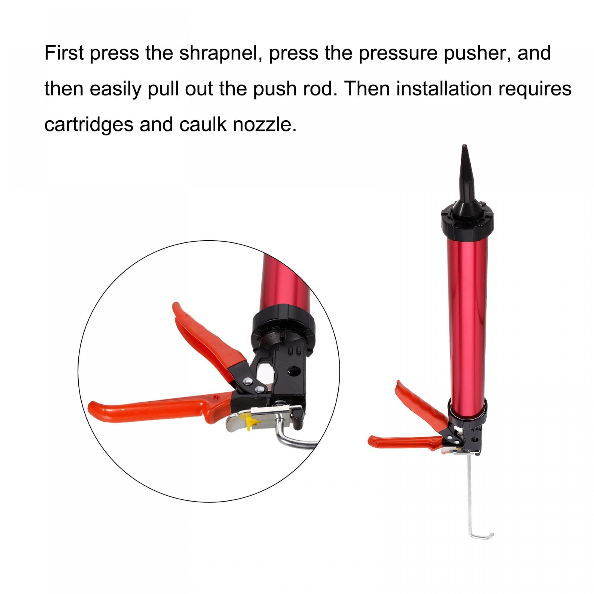uxcell Pistolet à calfeutrer manuel en acier inoxydable avec tube applicateur de mastic 600 ml Rapport de poussée 12:1 avec buses cônes, rouge électrophorétique