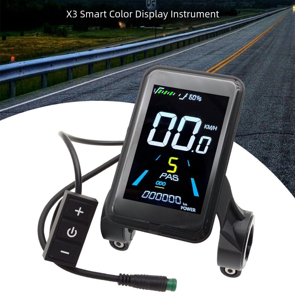 Farb-LCD-Display für E-Bike, 24V/36V/48V, 5-Pin X3 Stecker, wasserdicht, ABS-Gehäuse, hochfeste Acrylscheibe, Lenker 22.2mm mit Adapter für 25.4mm/28.6mm, schwarz