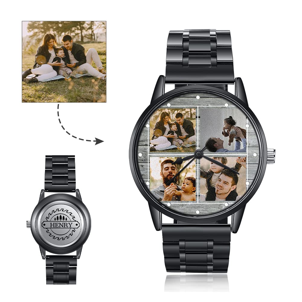 lorajewel Reloj de Hombres Personalizado Nombre Fecha Foto,Cronógrafo Deportivo de Cuarzo Moda Negocio Impermeable Relojes de Pulsera Acero Inoxidable Negro para el día del Padre
