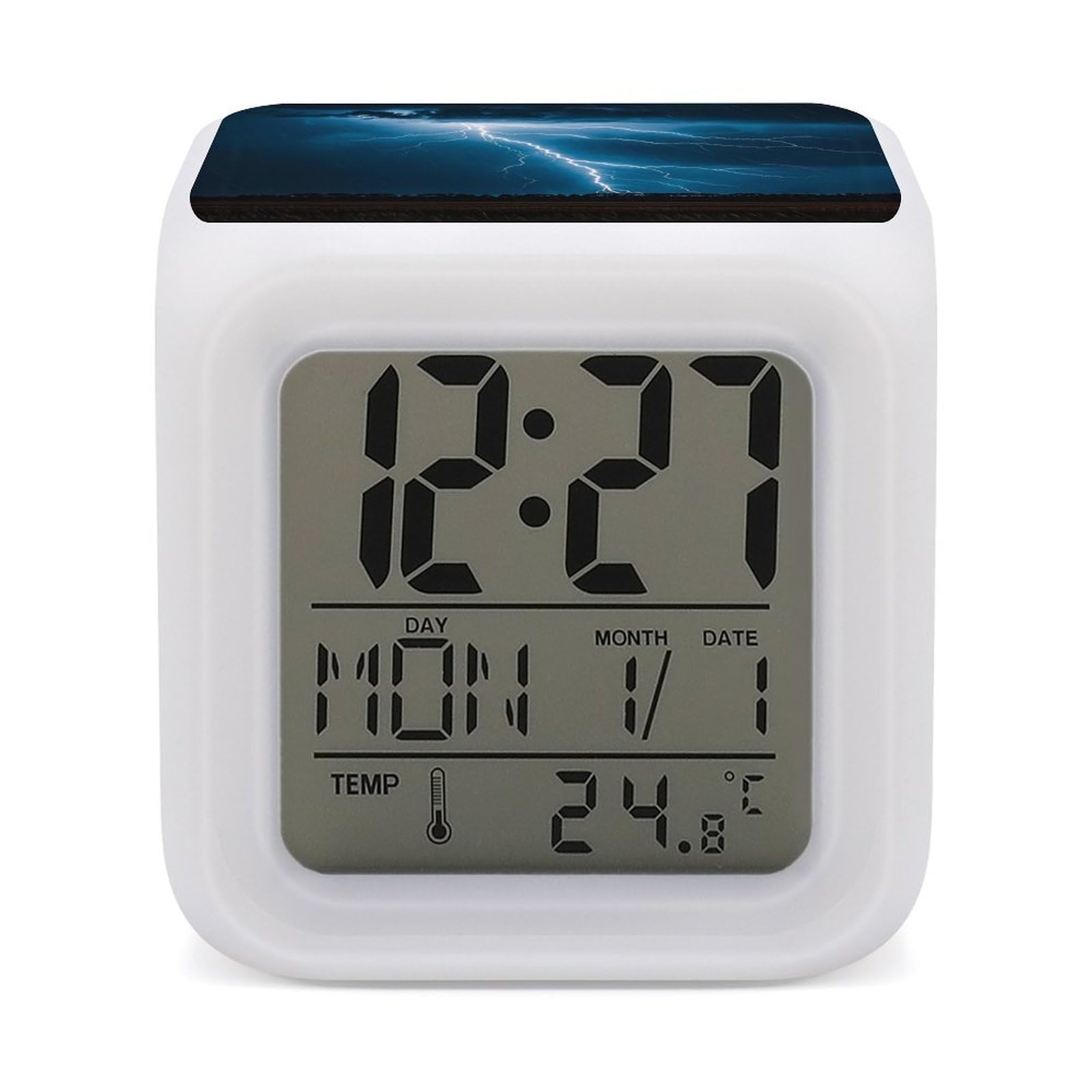 7 Color Ambient Night Light Cube Battery Operated Lightning Strikes Thunderstorms Digital Clock with Snooze Temperature LED Digital Alarm Clocks Dimmable Wake Up Light Portable Mood Lamp for Bedroom D