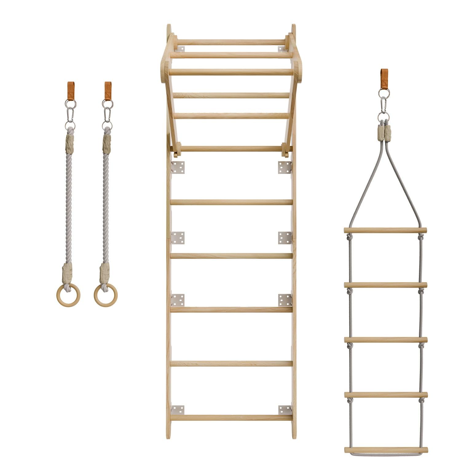Juskys Espaldera para Niños - con Barra de Tracción, Estructura de Escalada Interior con Anillos de Gimnasia y Escalera de Cuerda, Pared de Escalada para Habitación Infantil, Barra Deportiva