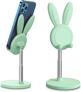 OATSBASF Cute Cell Phone Stand, Adjustable Bunny Phone Stand for Desk, Thick Case Friendly Holder Compatible with iPhone, Kindle, iPad, Switch, All Phones (Green) | Weighted Base Kawaii Desk Accessories, Aesthetic Room Decor Gift for Women/Girls/Kids, Compatible with All Phones