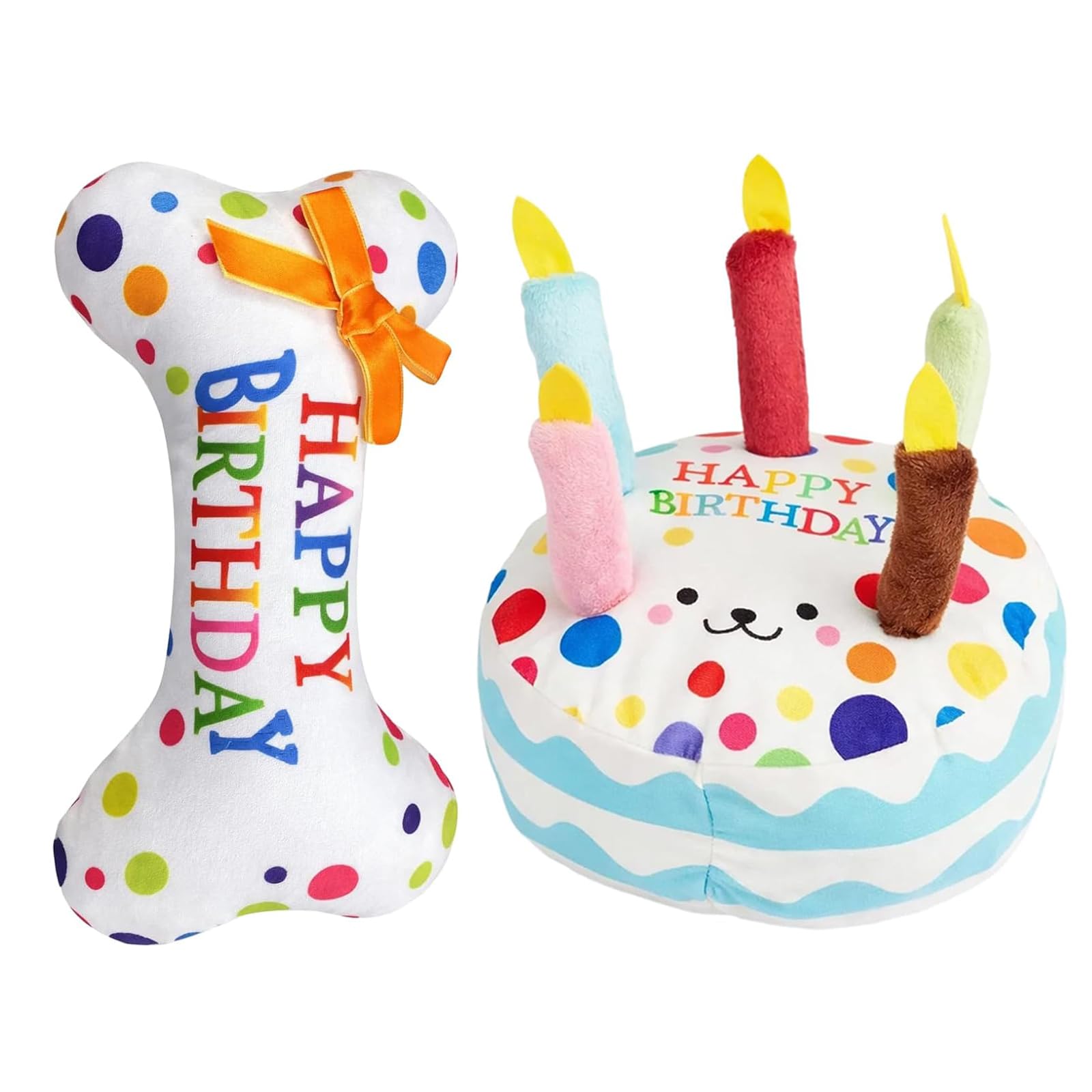 2 Pcs Dog Birthday Cake Toy Set, Squeaky Plush Cake & Bone Toys for Dogs