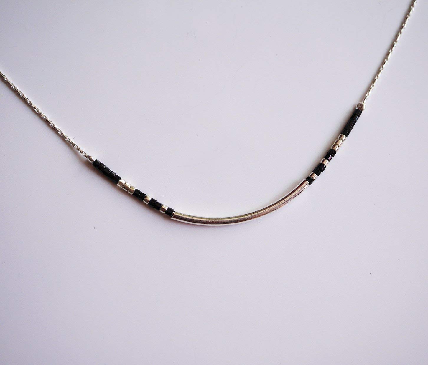 Collier fin choker perles miyuki noires - chaine serpent argent massif 925 - Collier perles noires - collier minimaliste discret élégant