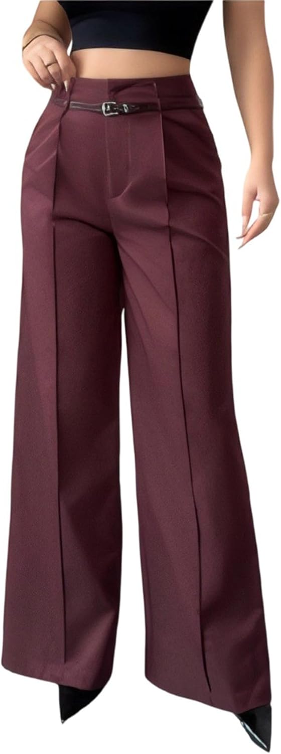 Famnbro Womens Dress Pants High Waisted Straight Wide Leg Slacks Business Casual Work Trousers Suit Pants with Belt