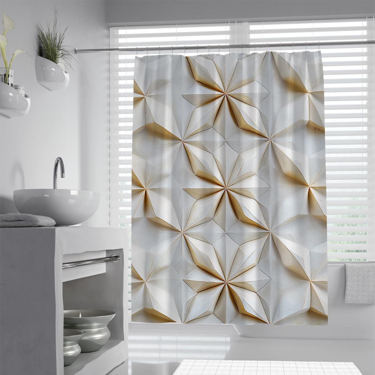 UIRINGART Luxury 3D Starburst Geometric Shower Curtain W180xL200cm Abstract Origami Triangle Mosaic Pattern Mildew Resistant Quick Dry Guest Toilet Bathroom Screen With Hook