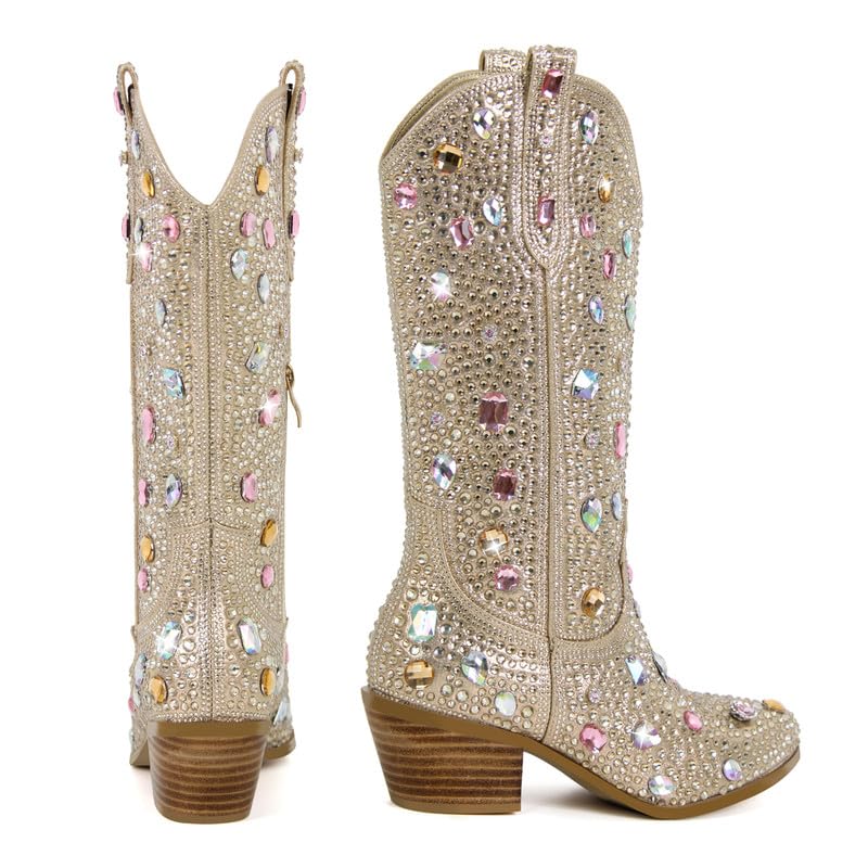 Image of Richealnana Sparkly Rhinestones Cowboy Cowgirl Style Boots Calf High Boots for Women 2INCH Heeled Shining Pull On Tabs