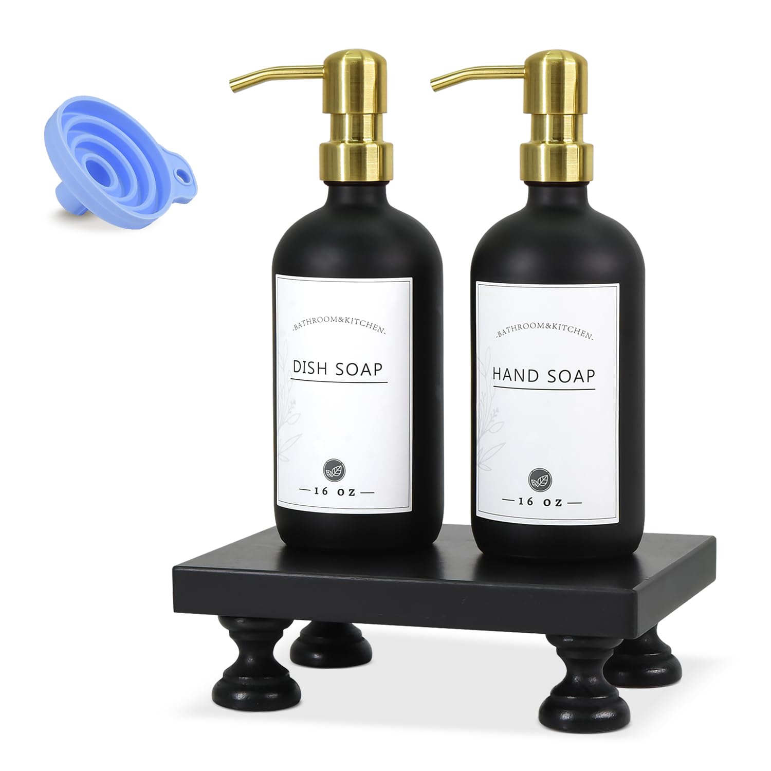 Glass Soap Dispenser with Pump, Soap Dispenser Bathroom and Kitchen Soap Dispenser Set with Dish Soap, Hand Soap, Lotion Waterproof Labels, 16oz Black Bottles Gold Pumps with Wood Tray, Set of 2