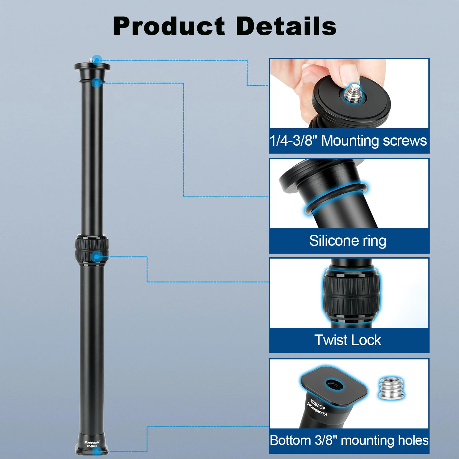 Koolehaoda Perche Télescopique en Aluminium en 2 Sections, Monopode avec Fixation Arca Swiss pour Trépieds, Rotules, Stabilisateurs et Appareils Photo, Charge Maximale 15 kg (KQ-2802A)