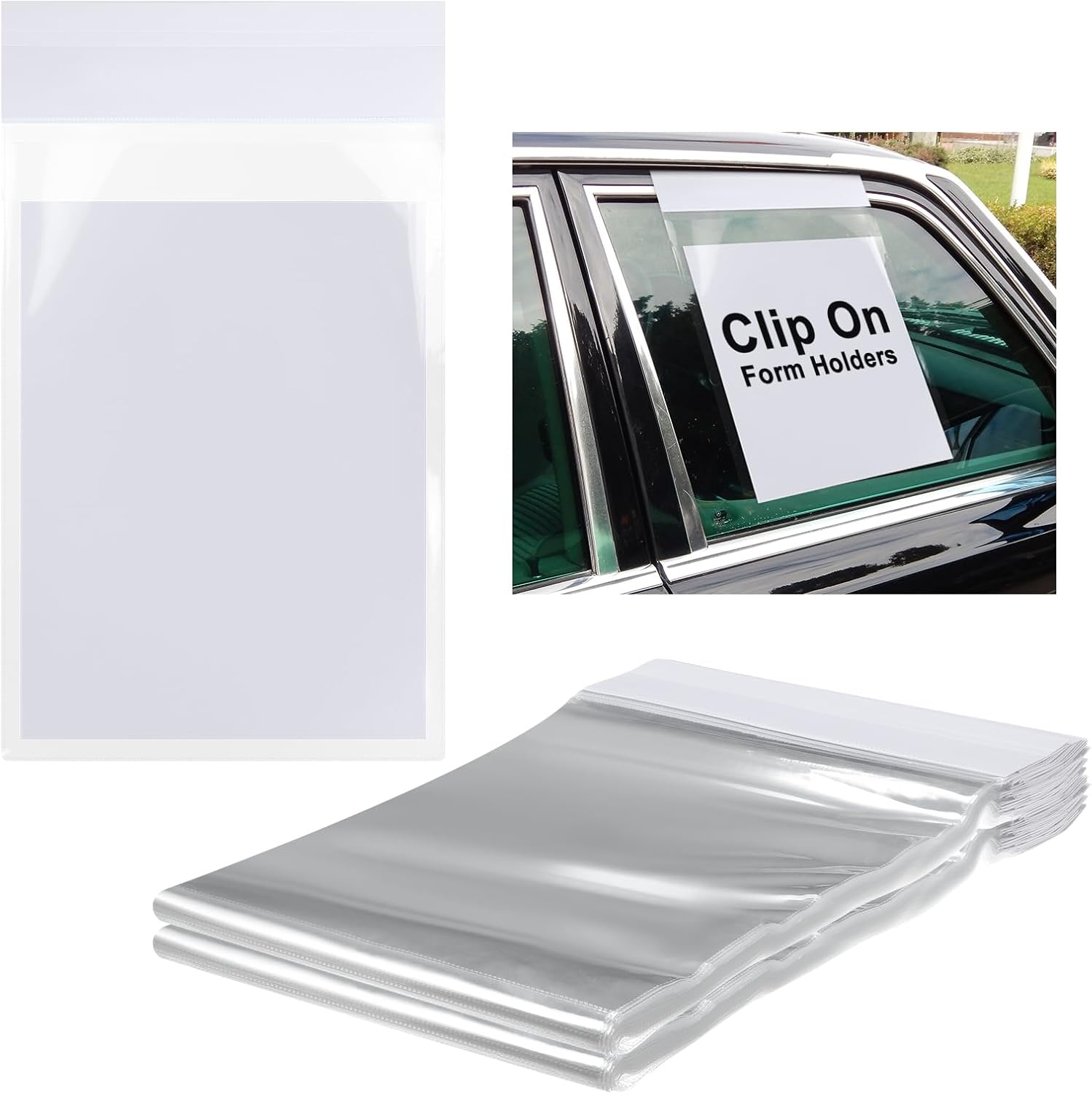 50 Pack Clip on Window Form Holder Buyers Guide Window Hangers Buyers Guide Holder Sleeves 9 x 13 Clear Plastic Pouch Form Hangers for Car Dealership Supplies