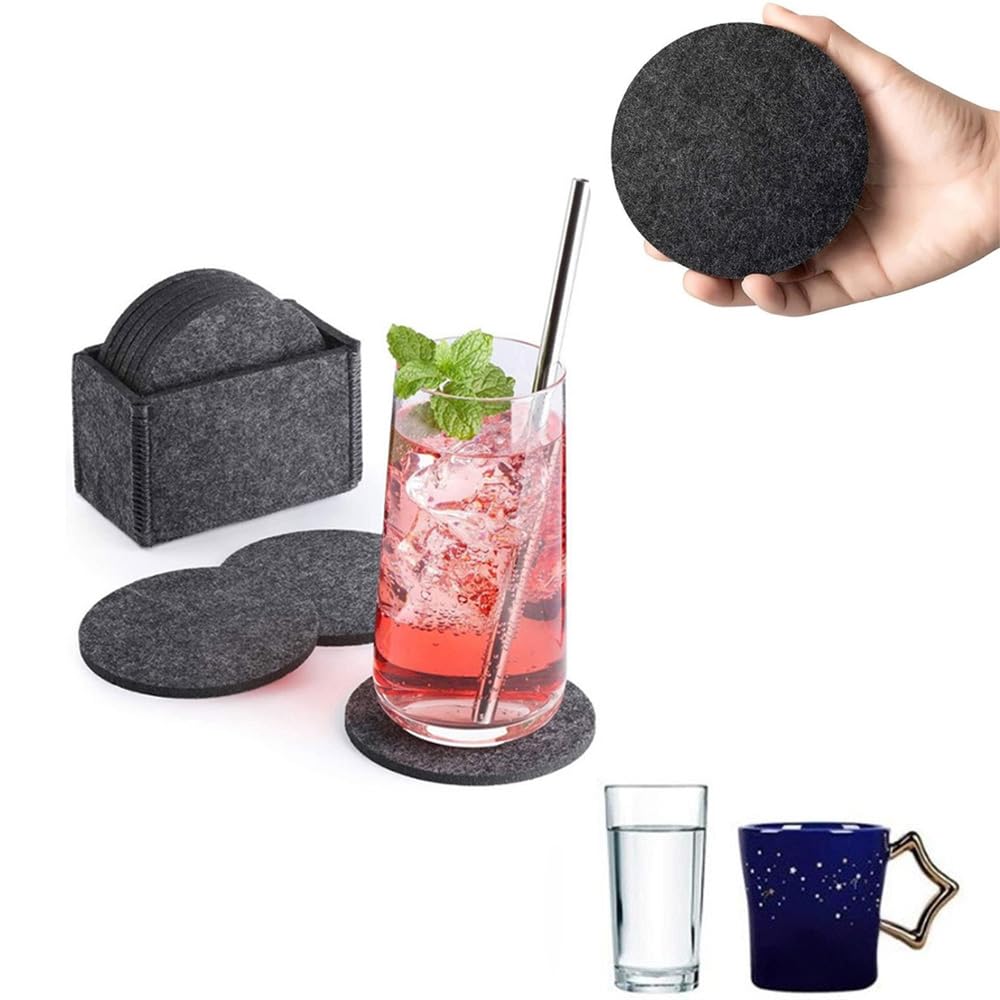 Azonee Round Felt Coasters, 10 PCS Non Slip Washable Table Coasters with Coaster Holder, Double Sided Plain Round Coasters, Coasters for Hot&Cold Drinks Coffee Mats Home