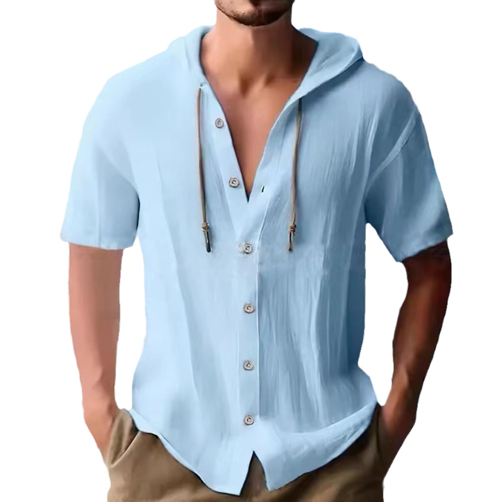 Chahuer Sudaderas Con Capucha De Lino De Algodón Para Hombre Casual Color Sólido Suelto De Manga Corta Con Capucha Camisas De Playa