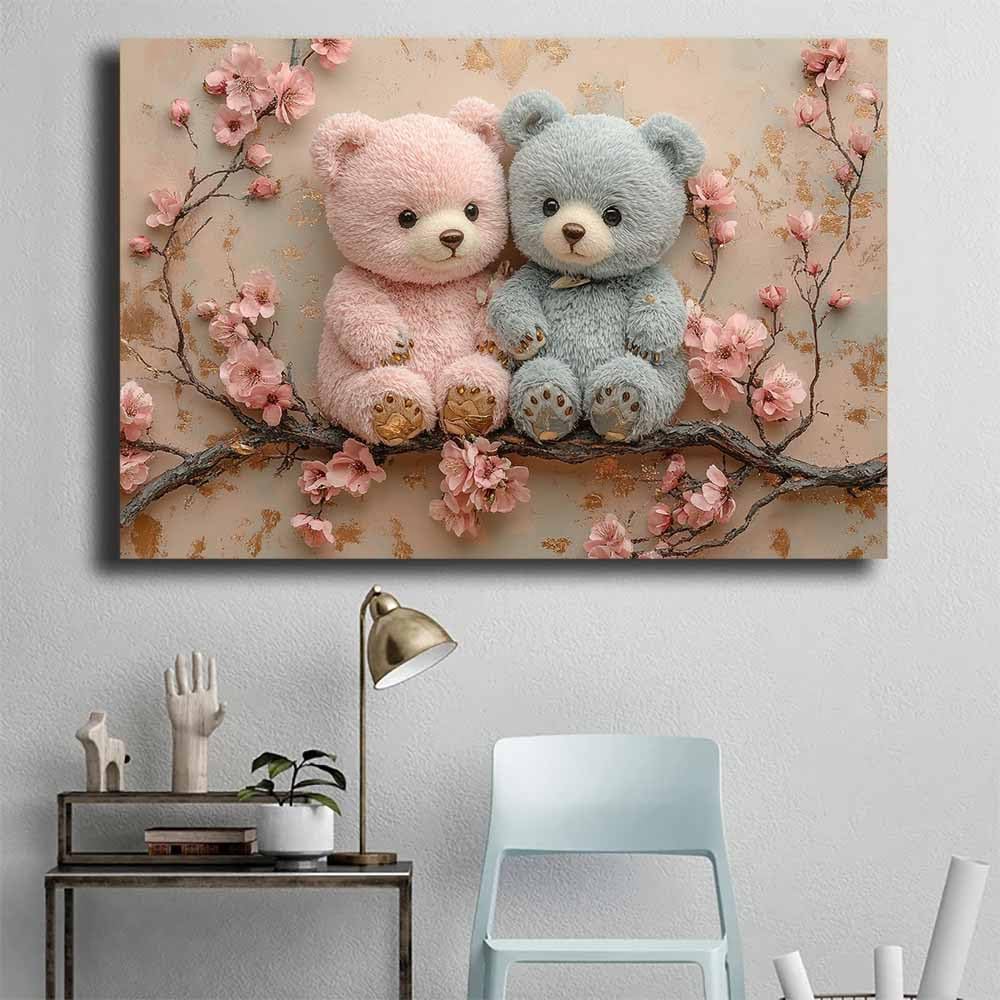 WQBQKKX Rosa-Grauer Teddybär-Leinwandbild, Blumen-Spielzeug-Print, Süß Kawaii für Kinderzimmer Schlafzimmer(Y)-50x70cm Gerahmt