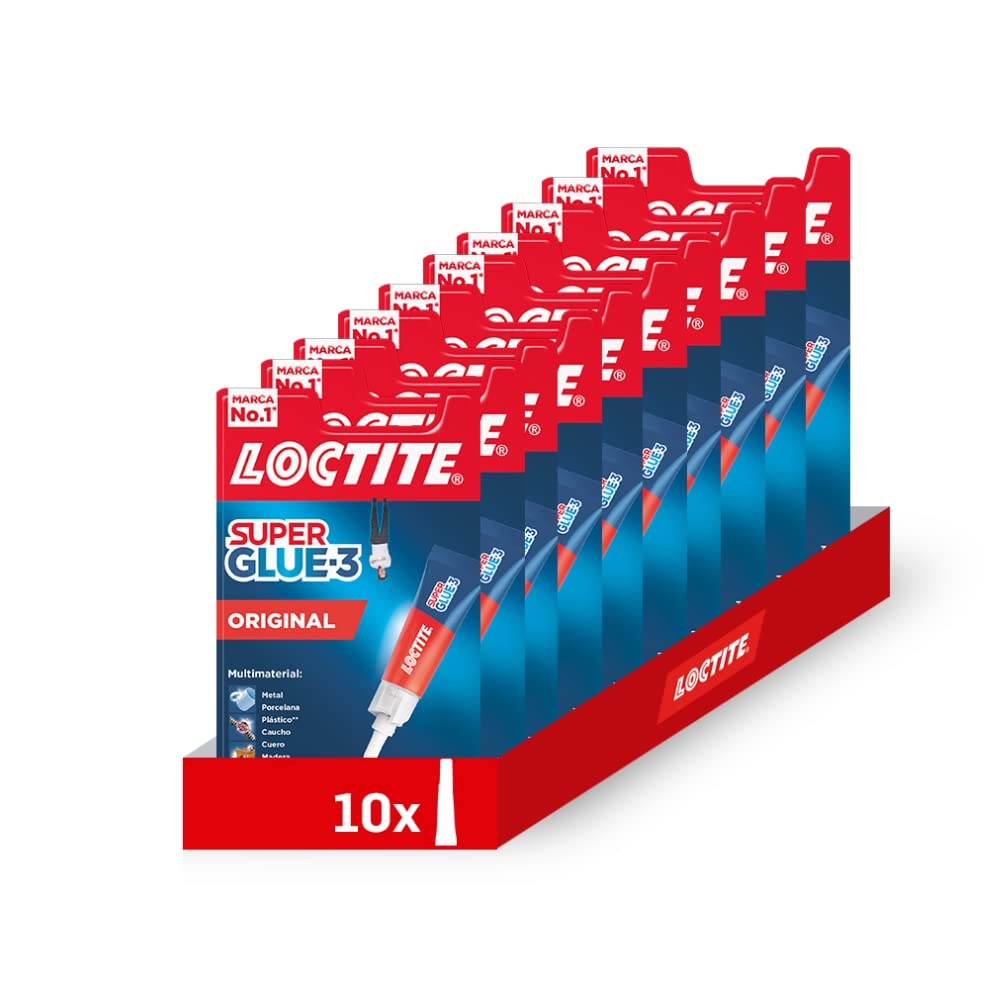 Pack de 10 unidades Loctite Super Glue-3 Original. Pegamento Universal Multimaterial y Triple Resistencia, Adhesivo transparente. Pegamento de Cianocrilato Instantáneo