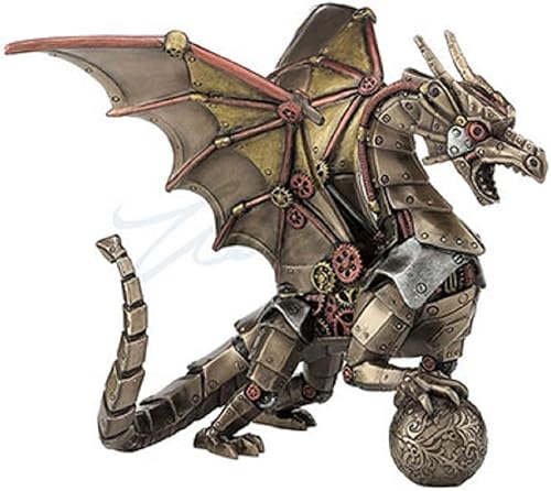 Miniatura 1 de Steampunk Mecánico Engranaje Dragón Sentado Sosteniendo Esfera Estatua Escultura Bronce
