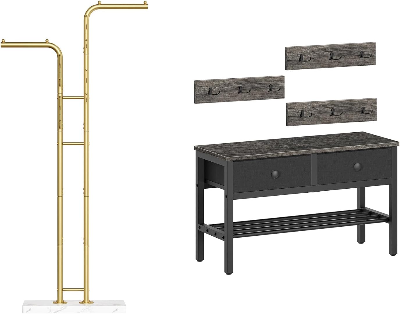 Gold Coat Hanger Stand and Hall Tree with Bench and Shoe Storage Bundle, Floor Standing Coat Rack, YM02DWY1-MT05BC