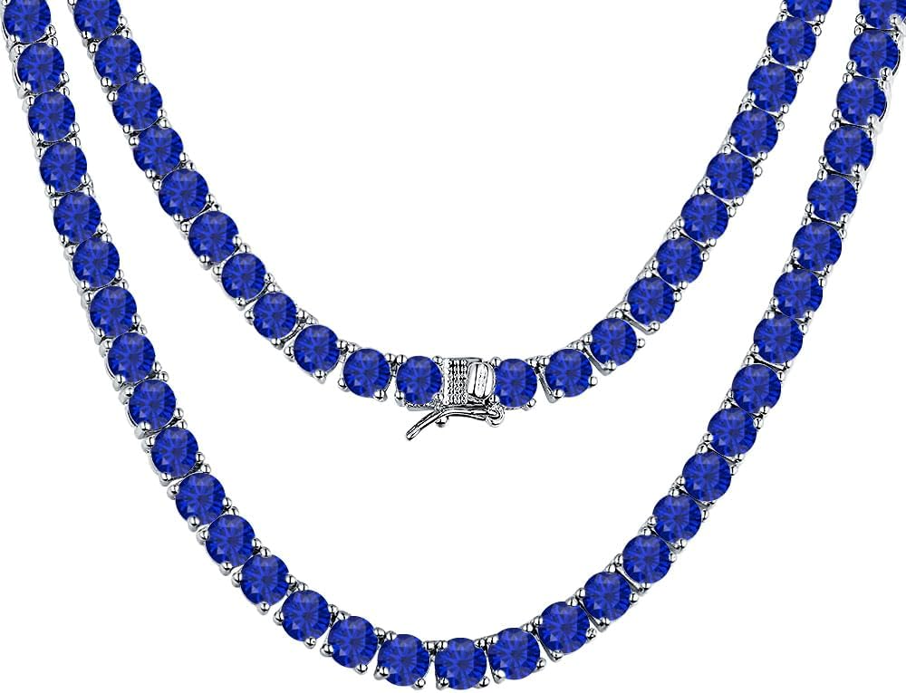 30.48 Ctw - 57.15 Ctw Round Cut Blue Sapphire 14K Gold Plated .925 Silver 4mm Tennis Necklace 16" Inch -30" Inch For Men's & Women's