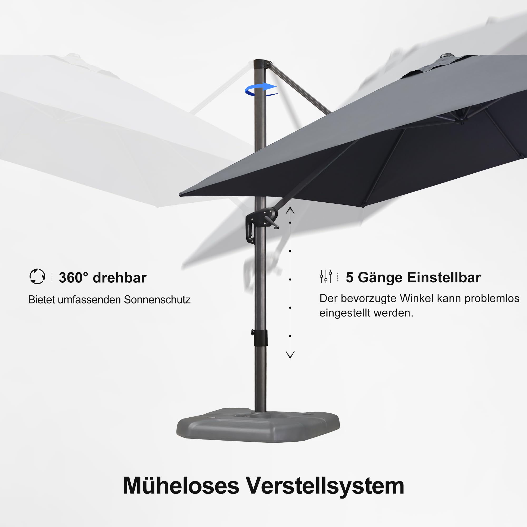 PURPLE LEAF Sonnenschirm 300 × 300 cm Groß mit Kreuzfuß Sonnenschutz, Grau | Alu Ampelschirm, Rostbeständig & Langlebig, Kurbelöffnung & 360° Fußpedal-Drehung, Einfache Bedienung, Flexibel Verstellbar