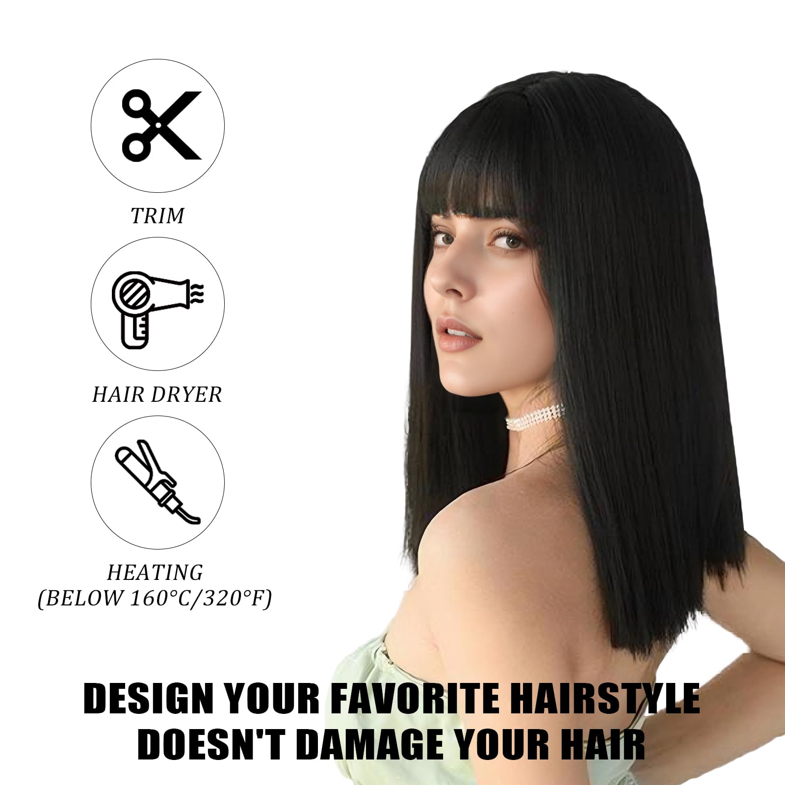 Black Bob Wig with Fringe,21 Inch Long Black Straight Bob Flat Bangs Wigs for Women,Heat Resistant Synthetic Hair Wigs Hairpieces for Ladies Cosplay Party Fancy Dress Daily Use - Image 4