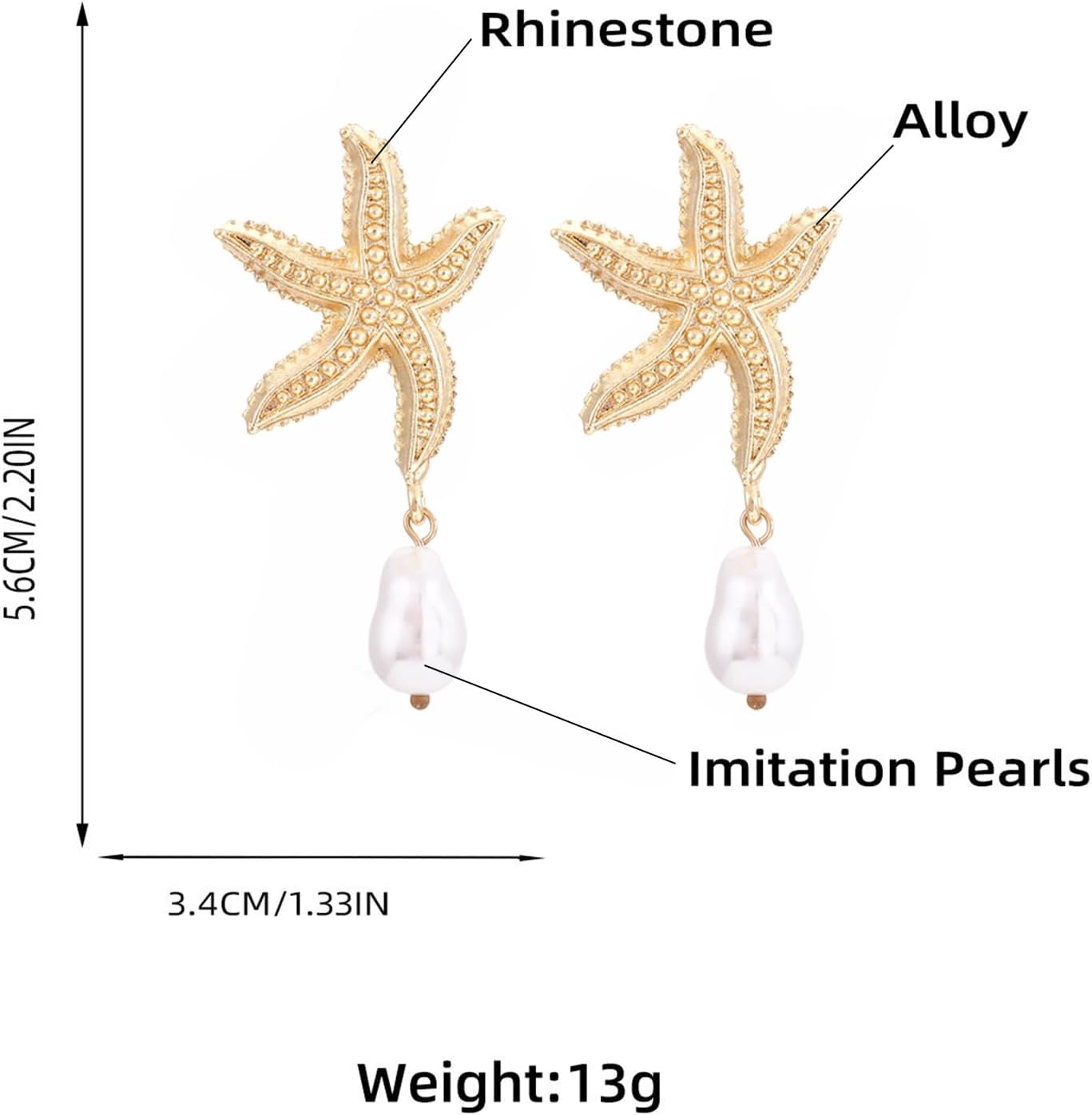 Gold Starfish Pearl Earrings for Women Hawaiian Earring Starfish Dangle Earrings Hypoallergenic 14K Gold Plated Sea Star Earrings Beach Summer Holiday Ocean Jewelny - Size 2.25"L x 1.1"W - Image 8