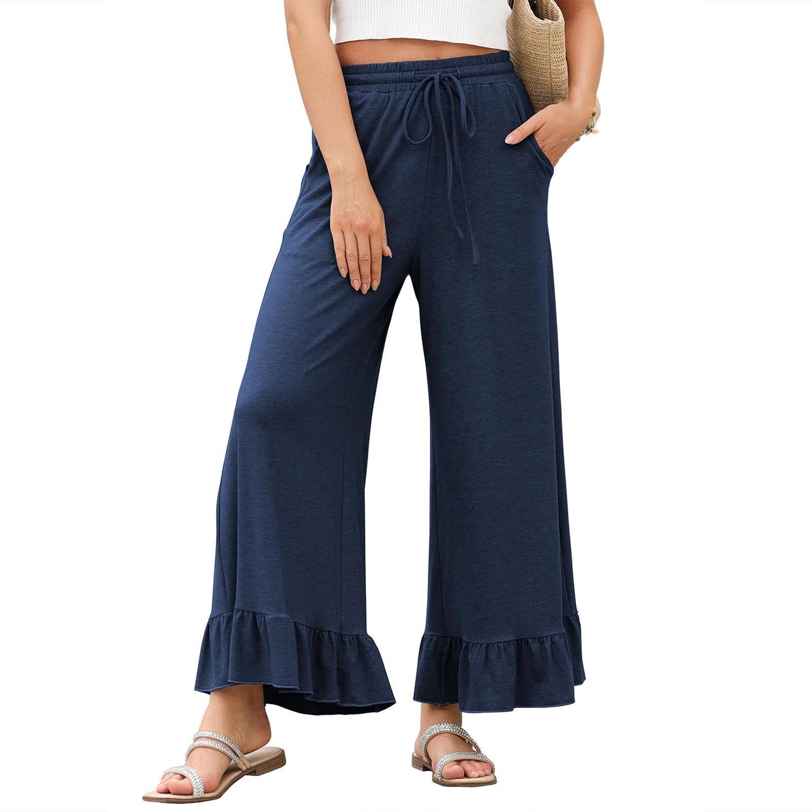 Womens Wide Leg Pants Elastic High Waisted Ruffle Hem Palazzo Pants Loose Fit Summer Casual Beach Pants Plus Size Flowy Culottes Comfy Cotton Dance Pant with Pockets Active Workout Pant 2025