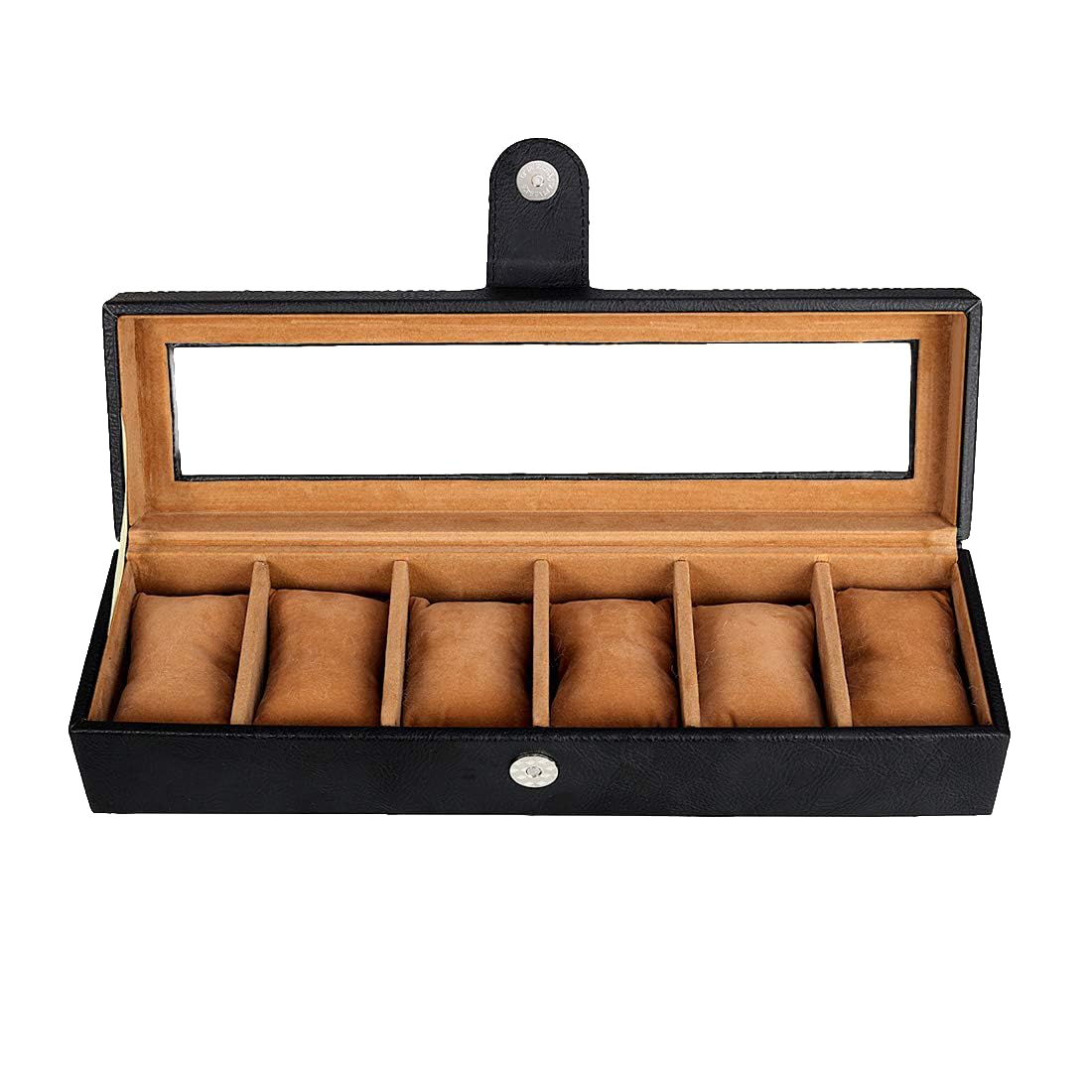 Leather World Faux Leather Watch Box Organizer – Watch Case Box For Men & Women – Wrist Watch Box Holder 6 Slots – Removable Watch Pillows Display Case – Gift for Loved Ones – Black