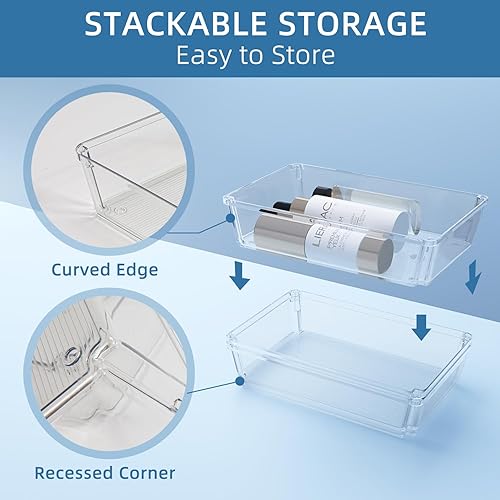 Miniatura 6 de Juego de 8 cubos organizadores de cajones transparentes, bandeja de almacenamiento de cajones de plástico grande de 3 tamaños con almohadillas