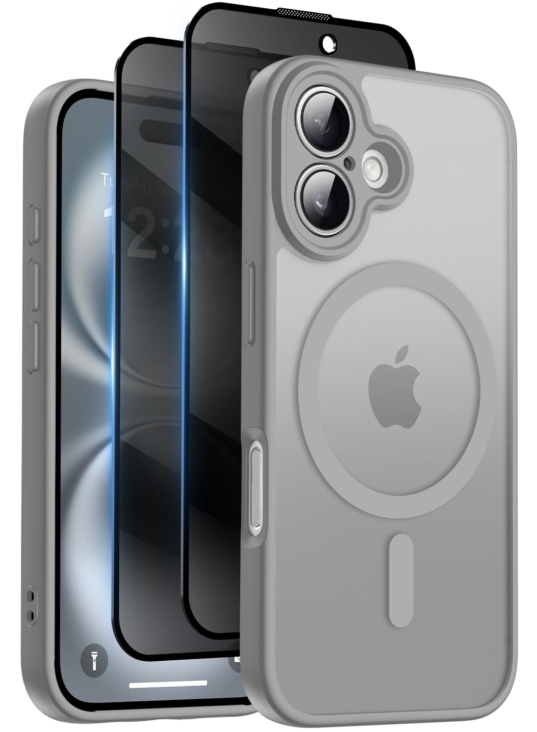 Qasyfanc für iPhone 16 Hülle mit Mag Safe mit 2 Stück Sichtschutz Schutzfolie Magnetisch Handyhülle Matt Hard PC Kratzfest Stoßfest Transluzente Schutzhülle - Grau