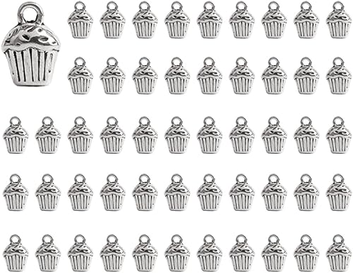 Miniatura 1 de 50 dijes para tartas de taza, colgantes de plata envejecida, doble cara, 3D, 0.394 x 0.394 in, hechos a mano, Metal