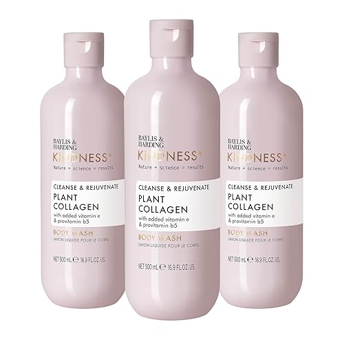 Baylis & Harding Kindness + Plant Collagen, Rose Water & Coconut Milk Fragrance, 500 ml Cleanse & Rejuvenate Body Wash (Pack of 3) - Vegan Friendly - Plant Collagen Body Wash