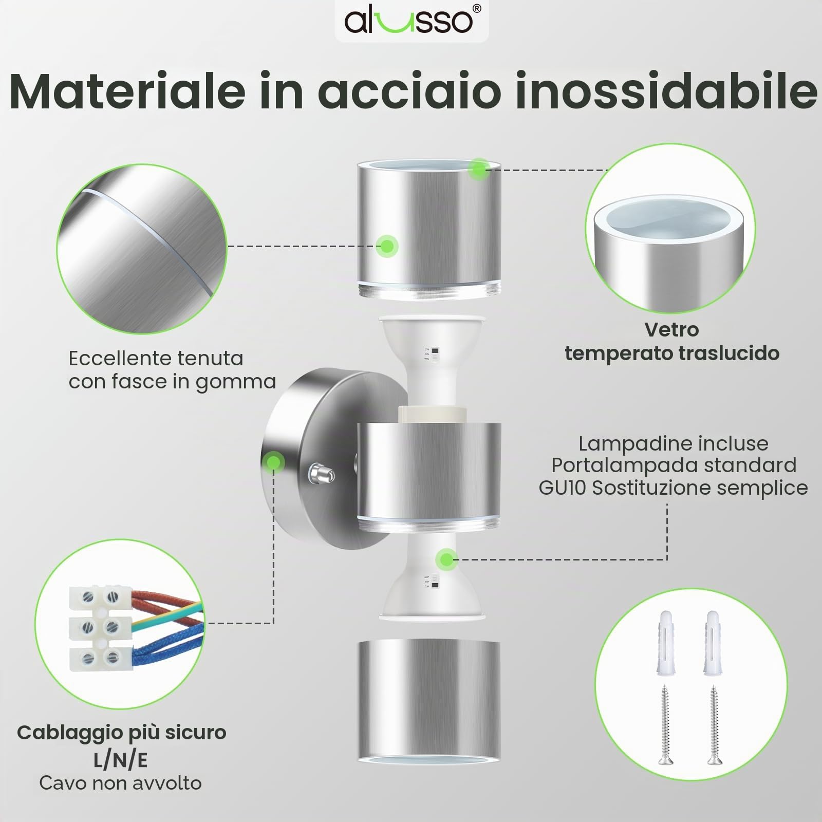ALUSSO Acciaio Inox LED Lampade da Parete 8W 750LM, Argento, Set di 2