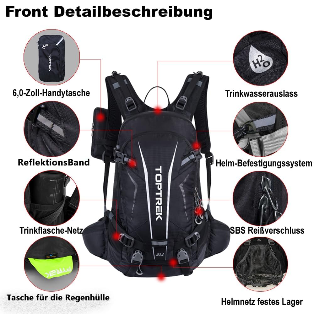 toptrek Fahrradrucksack Wasserdicht 20L,Ultraleicht Rucksack für Damen & Herren,Fahrrad Rucksack mit Regenschutz und Helmabdeckung,Rucksäcke Mountainike MTB