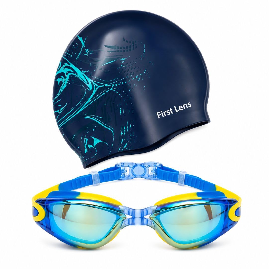 First Lens Kids Swimming Goggles with Swim Cap | Age 8-18 | Yellow-Blue-picture-35
