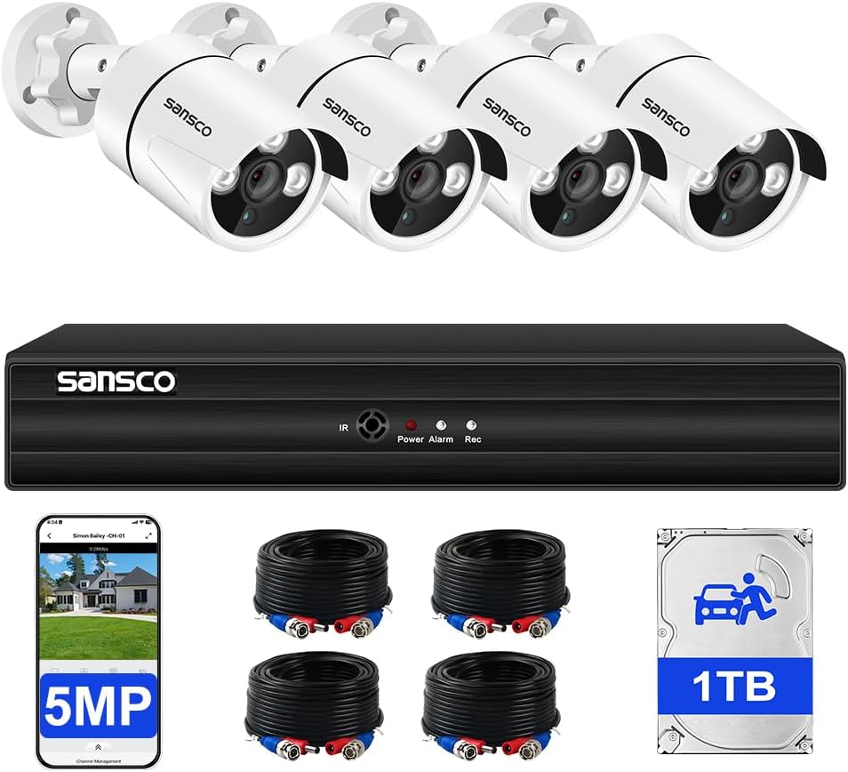 5MP 8 Channel Wired CCTV Security Camera System, 8CH DVR with 1TB Hard Drive, 4x 3K Home Outdoor Surveillance Cameras, Color Night Vision, Audio Recording, Human Face Vehicle Detection, P2P