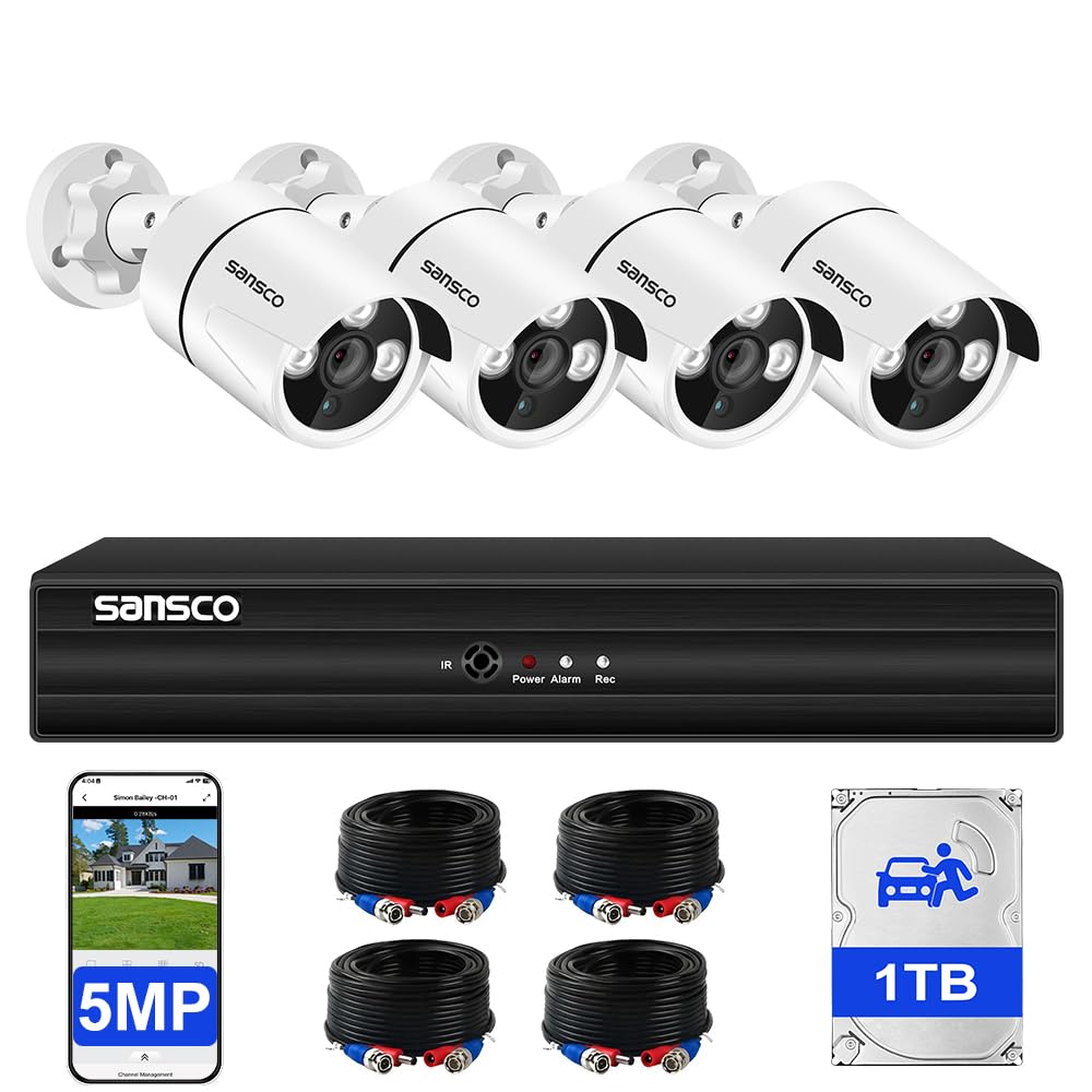 – SANSCO 5MP 8 Channel Wired CCTV Security Camera System, 8CH DVR with 1TB Hard Drive, 4x 3K Home Outdoor Surveillance Cameras, Color Night Vision, Audio Recording, Human Face Vehicle Detection, P2P