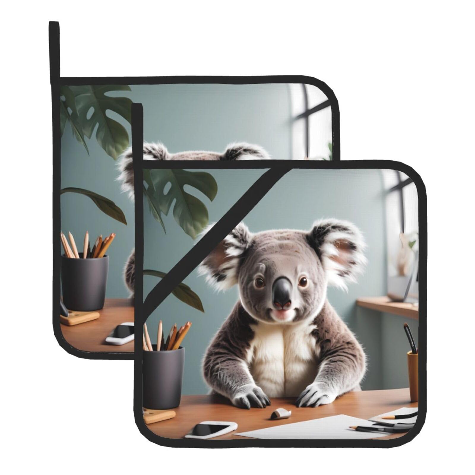 HJFCZH Koala On The Table Printed Square Insulated Pot Mat Set (2-Piece) 8x8in Waterproof, Thickened & Easy to Clean with Lanyard Design for Kitchen, Oven & BBQ