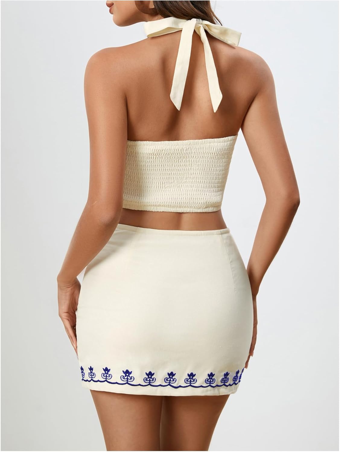 MakeMeChic Women's 2 Piece Skirt Set Cowboy Chic Halter Linen Vacation Set Floral Embroidery Outfits - Image 2