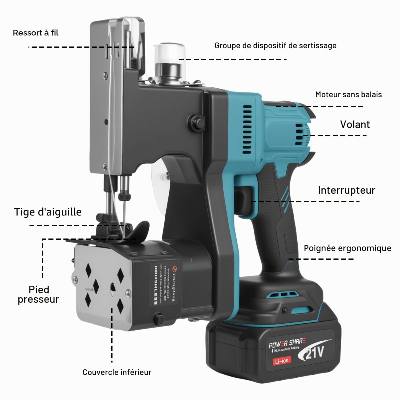 Machine à coudre sans fil pour batteries Makita 18 V, machine à coudre portable avec 2 batteries de 3000 mAh, longueur de point : 7-10 mm, épaisseur de couture : 0,2-11 mm pour sac en tissu, sac en