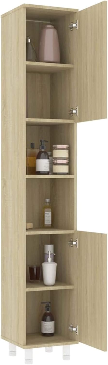 WooDlan, Columna de baño con 2 Puertas y 6 Compartimentos, Color Roble Sonoma, Medidas: 179 cm (Alto) x 30 cm (Largo) x 30 cm (Fondo)